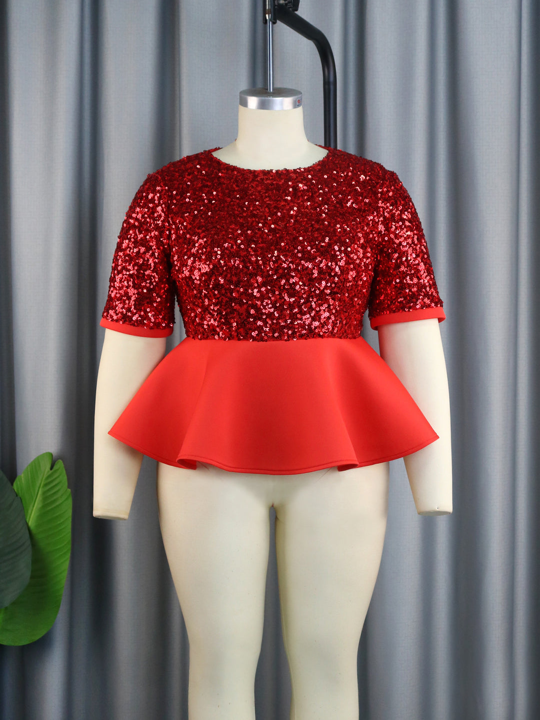 Damen elegantes Glitzeroberteil mit schwingendem Peplum Drune