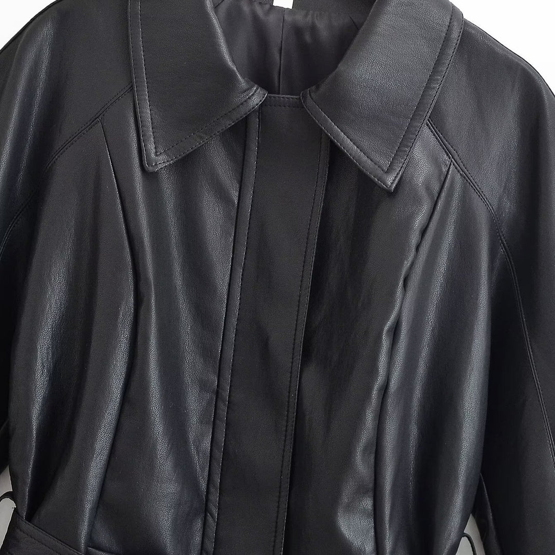 Damen Taillierte Lederoptik‑Jacke mit Bindegürtel und überschnittenen Ärmeln Drune