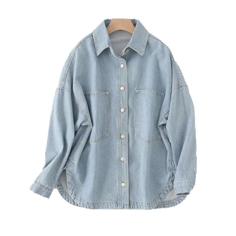 Damen Oversize Jeanshemd‑Jacke mit aufgesetzten Taschen und abgerundetem Saum Drune