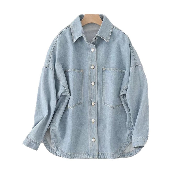 Damen Oversize Jeanshemd‑Jacke mit aufgesetzten Taschen und abgerundetem Saum Drune