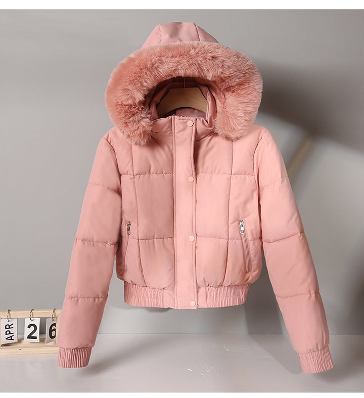 Damen nan kurze gesteppte Bomberjacke mit warmer Kapuze, abnehmbarem Webpelzrand, elastischem Bund und Thermofutter Drune