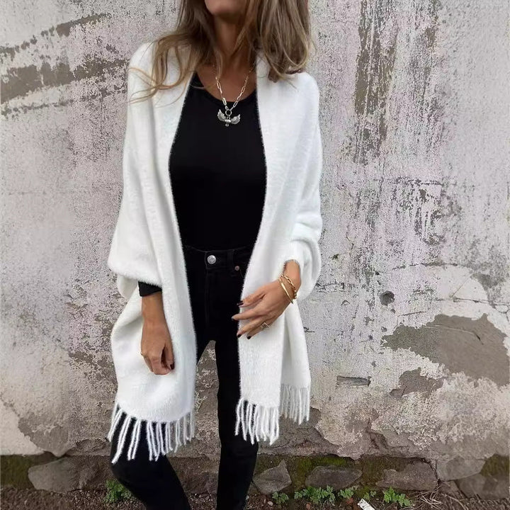 Damen Kuscheliger Strickponcho mit Fransen Drune