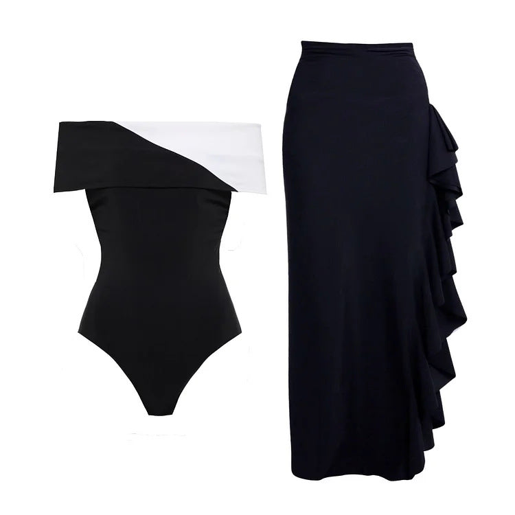 Damen Badeanzug mit modischem Off-Shoulder Design und eleganter Rüschen-Maxiröhre Drune