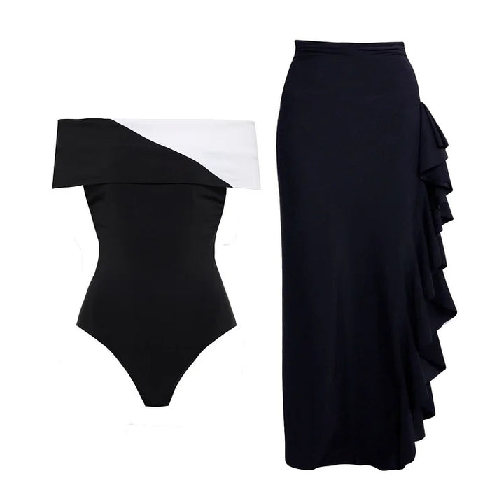 Damen Badeanzug mit modischem Off-Shoulder Design und eleganter Rüschen-Maxiröhre Drune