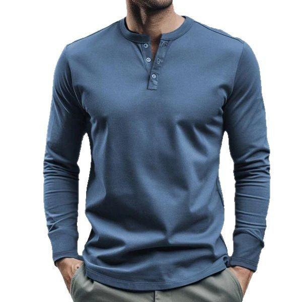 Herren nan langärmeliges Henley-Longsleeve mit Stehkragen, 3-Knopfleiste und elastischem Baumwollstretch Drune