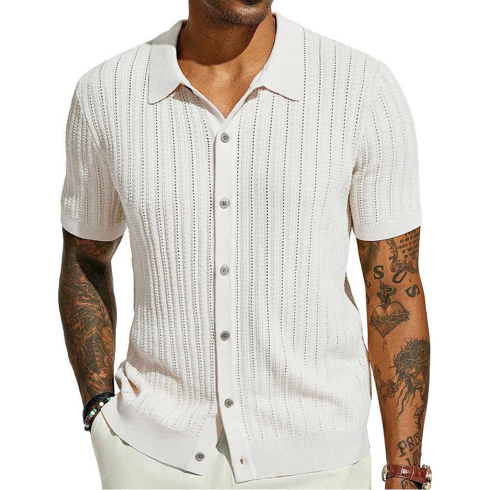 Herren Kurzarm Strickhemd mit feiner Lochstruktur und klassischem Kragen Drune