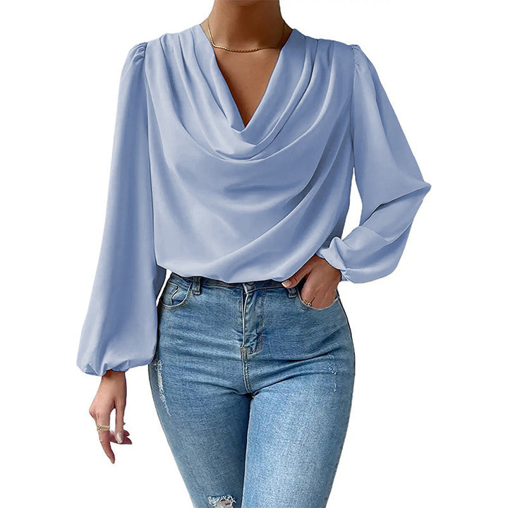 Damen elegante Bluse mit asymmetrischem Halsansatz und langen Ärmeln Drune