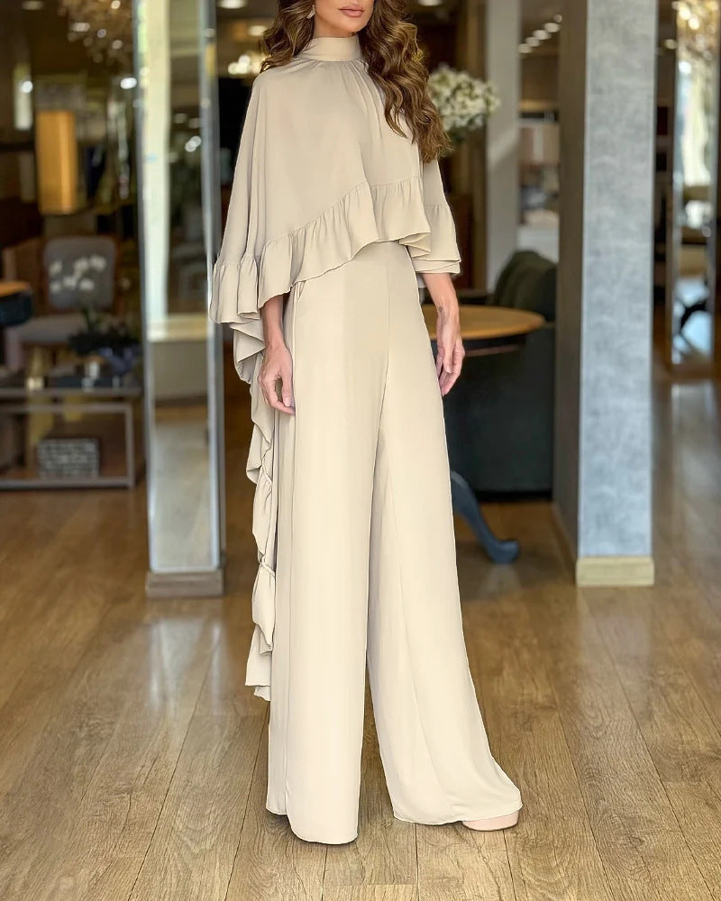 Damen Eleganter Overall mit Cape-Volant und weitem Palazzohosenbein Drune