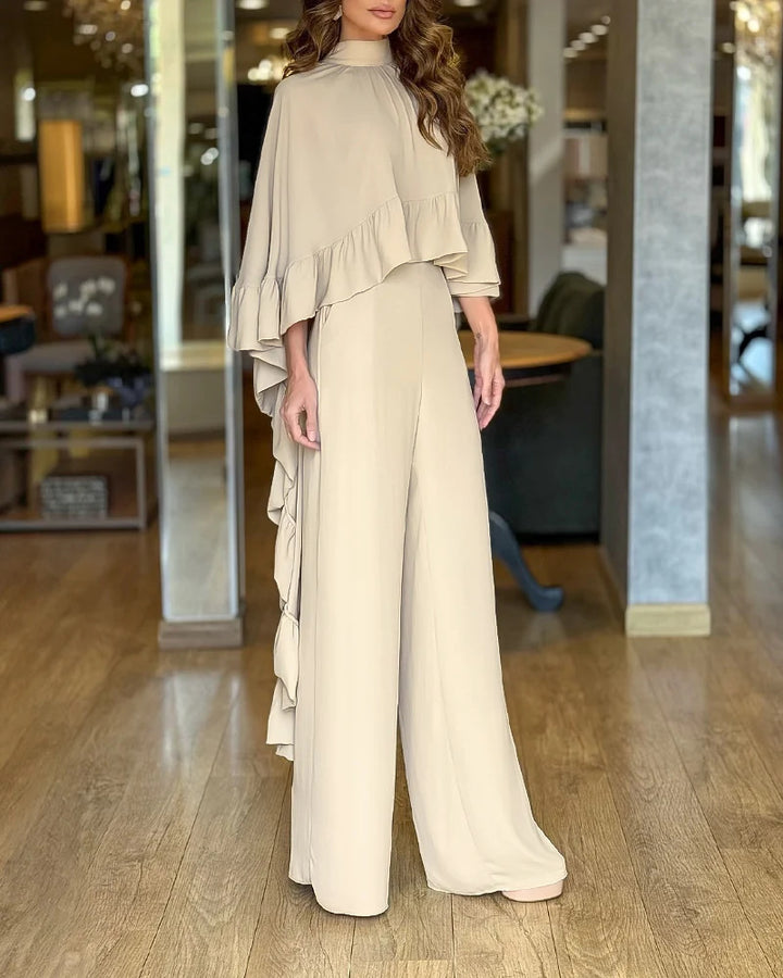 Damen Eleganter Overall mit Cape-Volant und weitem Palazzohosenbein Drune