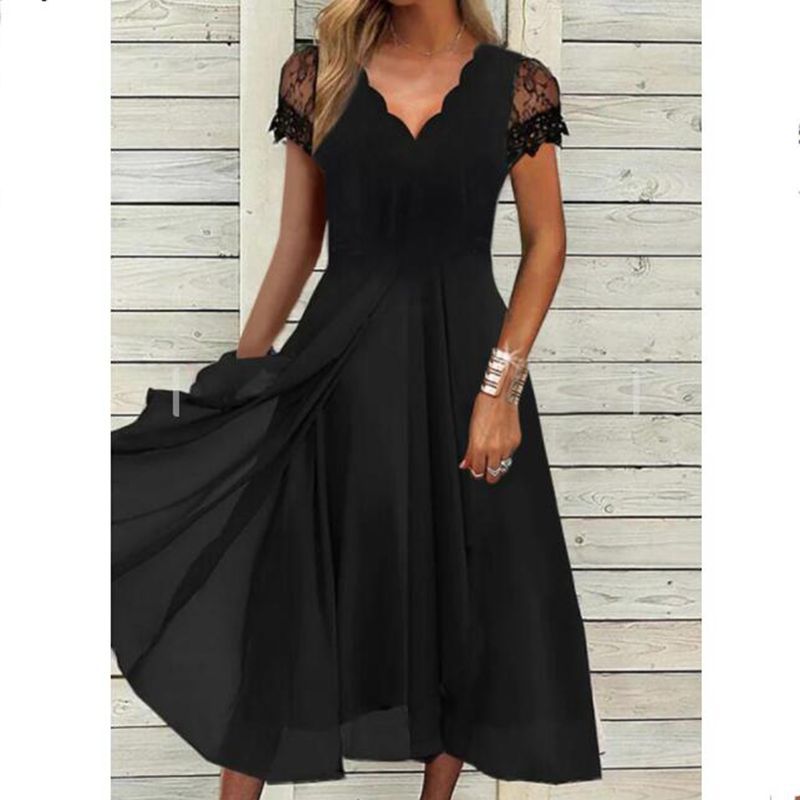 Damen nan fließendes Midikleid mit geschwungenem V-Ausschnitt, taillierter A-Linien-Silhouette und filigranen Spitzenärmeln Drune