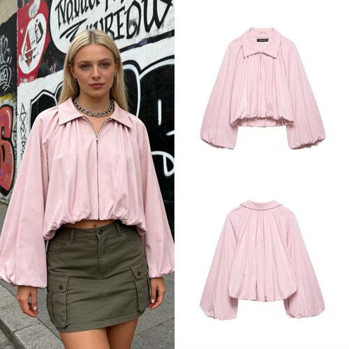 Damen Kurze Oversize-Bomberjacke mit Volumenärmeln und Gummizug Drune