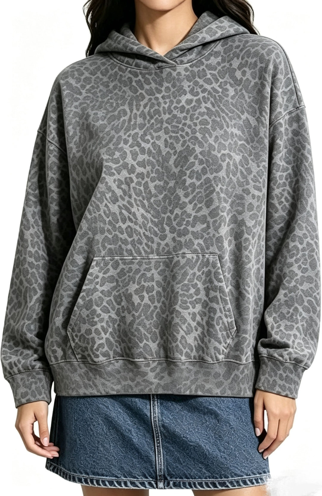 Damen Oversize-Kapuzenpullover mit Leomuster, Kängurutasche und überschnittener Schulter Drune