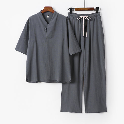Herren Zweiteiliges Leichtes Loungewear-Set mit Stehkragen-Halbarmshirt und Kordelbund-Hose Drune