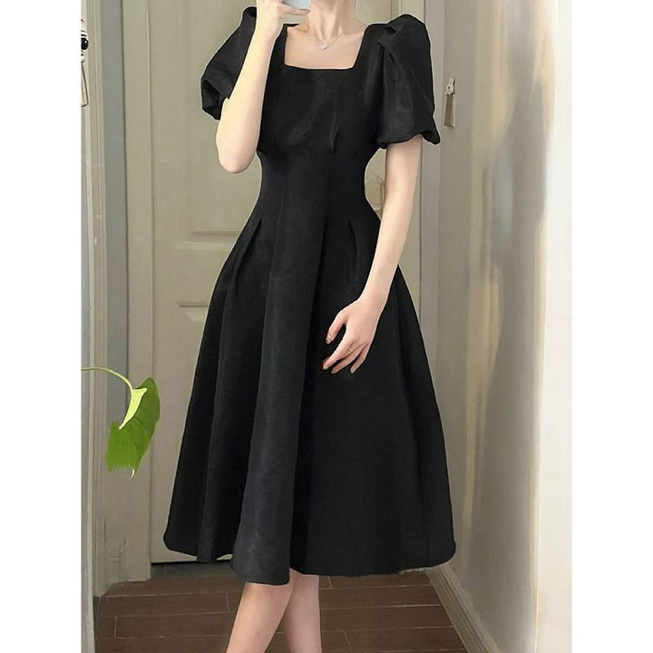 Damen elegantes Midi-Kleid mit quadratischem Ausschnitt und voluminösen Ärmeln