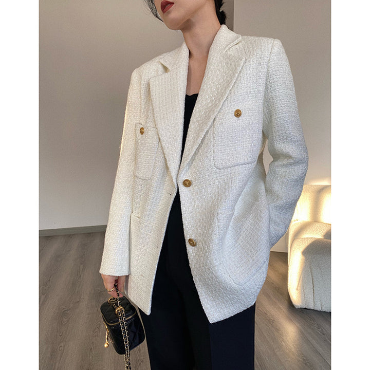 Damen Eleganter Tweed Blazer mit goldenen Knöpfen Drune