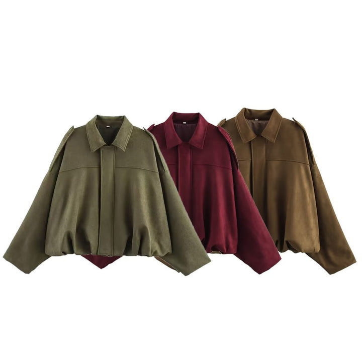 Damen nan oversized Veloursleder Bomberjacke mit Schulterklappen Drune