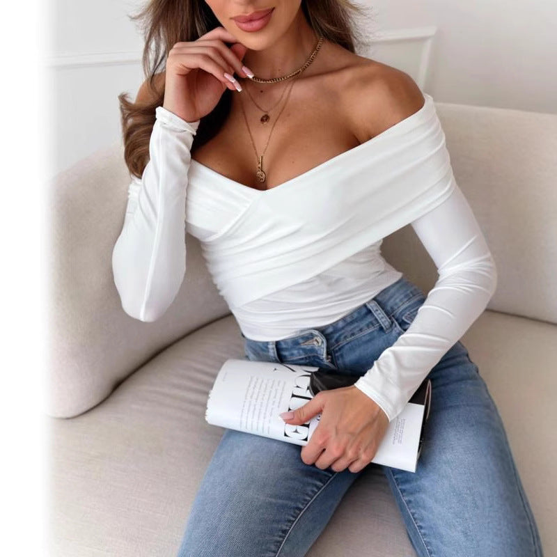 Damen Elegantes Wickeloberteil mit schulterfreiem Design und langen Ärmeln Drune