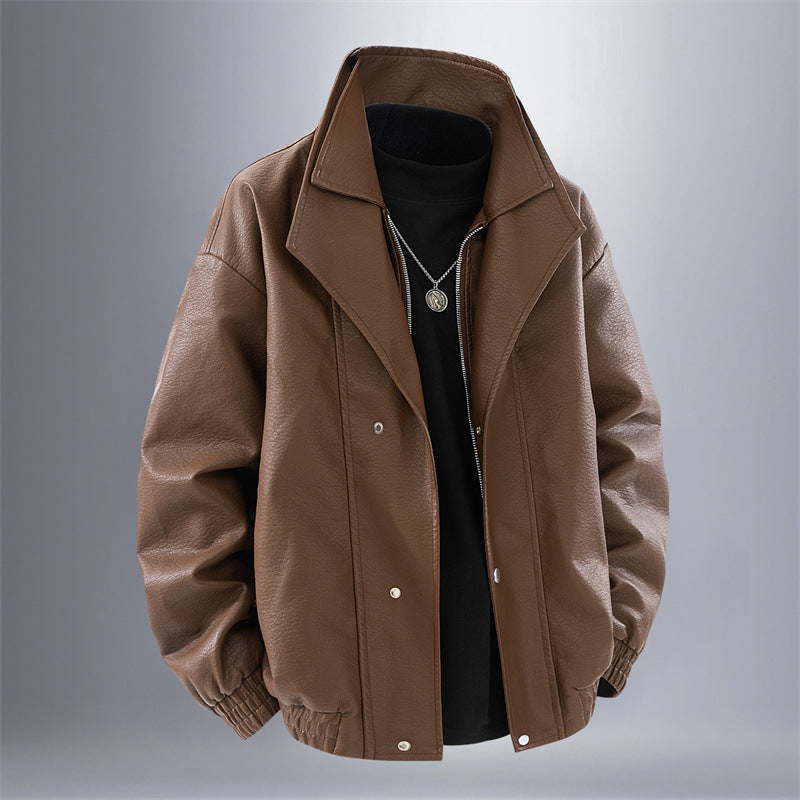 Herren modische Oversized-Lederjacke mit elegantem Kragen und praktischen Taschen Drune