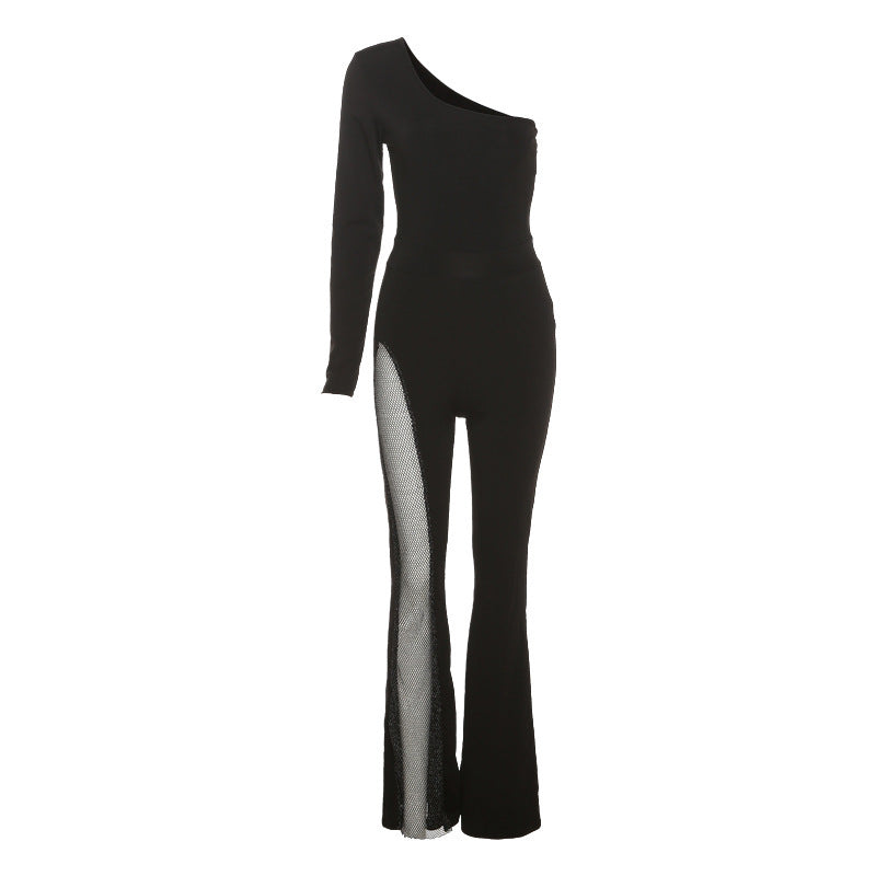 Damen figurbetontes Jumpsuit mit asymmetrischem Ausschnitt und netzseitigen Einsätzen Drune