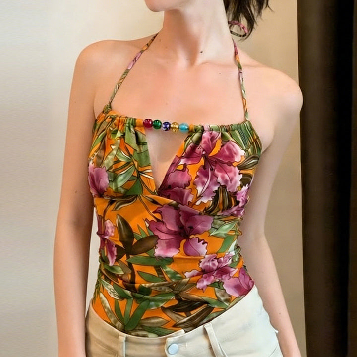 Damen Haltertop mit floralem Design und elegantem Bindeband Drune
