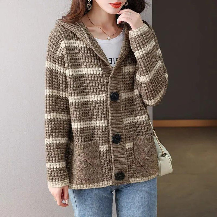Damen Strickjacke mit Kapuze und dekorativem Karomuster Drune