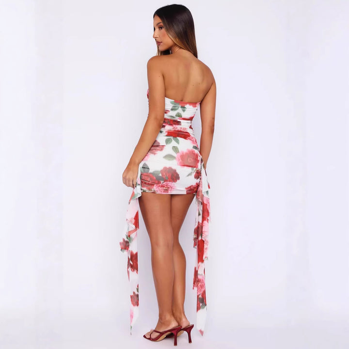 Damen kurzes Cocktailkleid mit asymmetrischem Saum und floralem Druck Drune