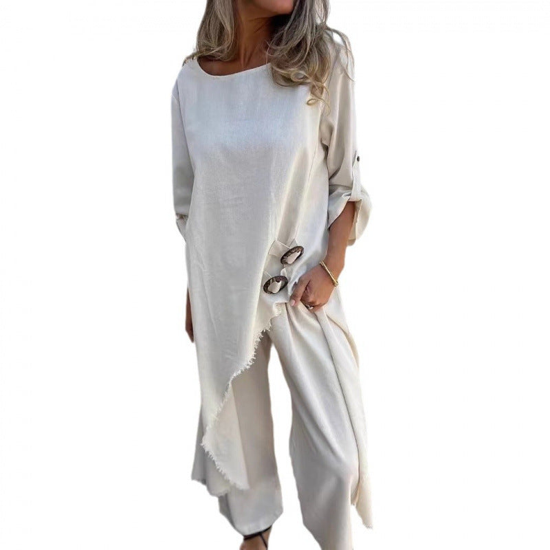 Damen Lässiges Maxikleid mit tiefem Rundhalsausschnitt und praktischen Knopfdetails Drune