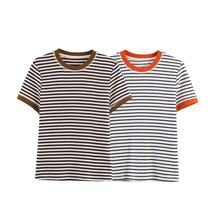 Damen gestreiftes T-Shirt mit kontrastierenden Ärmeln Drune