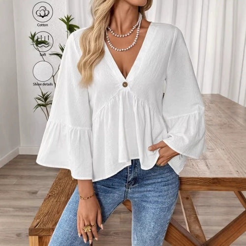 Damen nan elegante Empire-Bluse mit V-Ausschnitt, geraffter Brustnaht und Glockenärmeln Drune