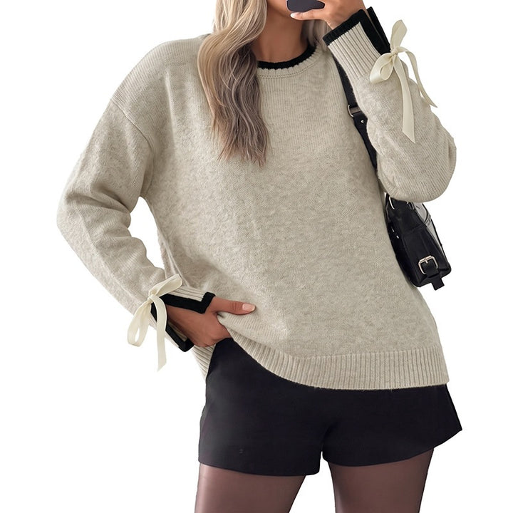 Damen Oversize-Feinstrickpullover mit kontrastgerippter Passe und Schleifen-Details Drune