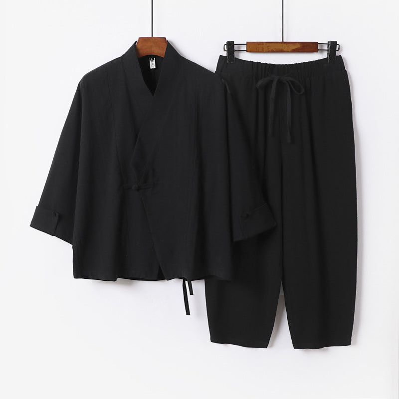 Herren Atmungsaktives Leinen-Baumwoll Lounge-Set mit asymmetrischem V-Kragen und elastischer Kordelhose Drune