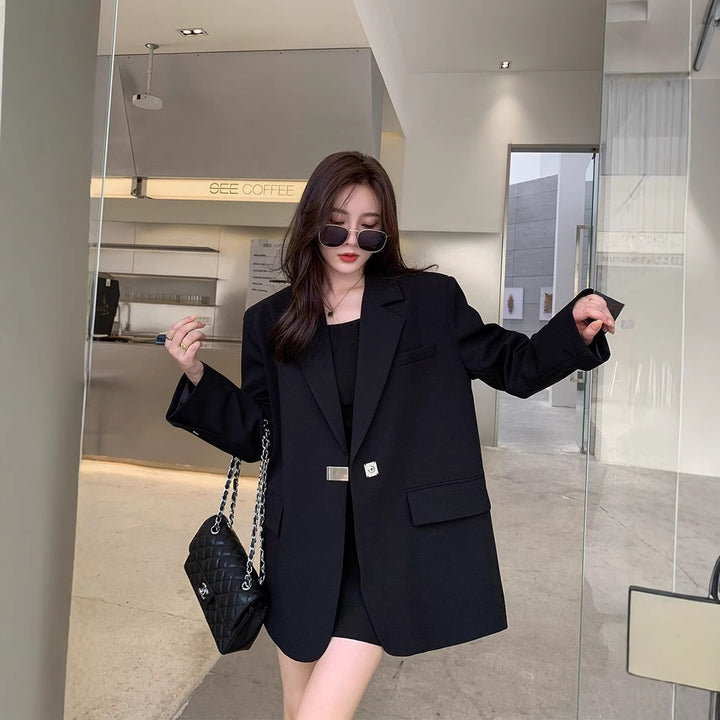 Damen modischer Oversize-Blazer mit elegantem Schnitt und dekorativem Schmuckelement Drune