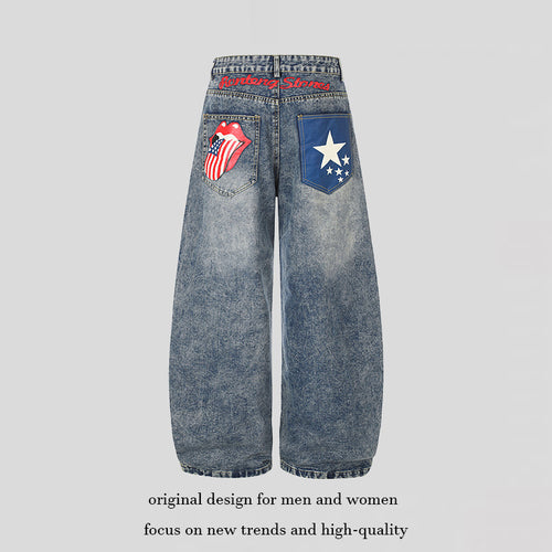 Damen High‑Waist Weite Palazzo-Jeans mit Statement-Patches und Retro-Embelishments Drune