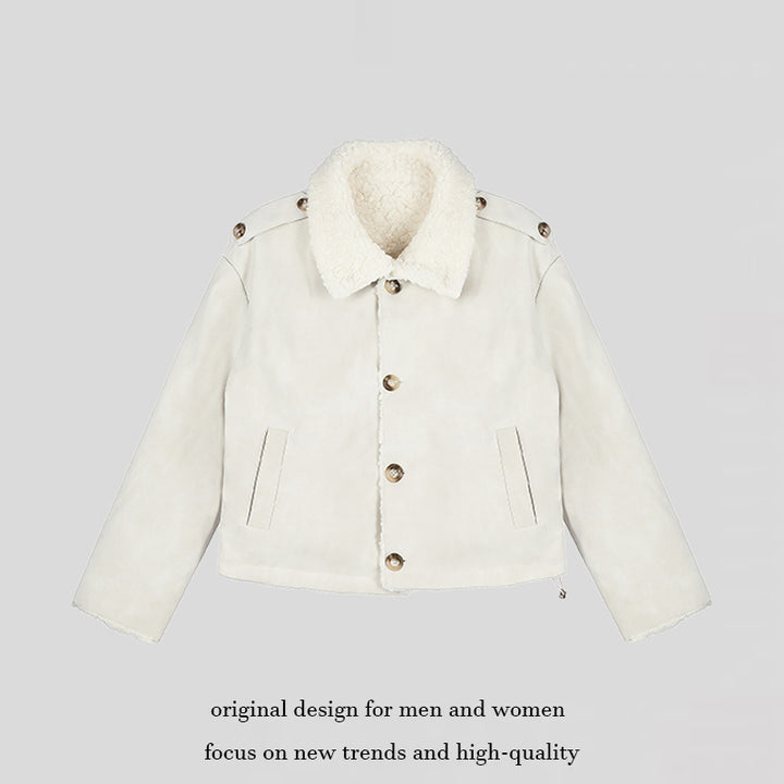 Damen Kurzgeschnittene Lammfell‑Optik Fliegerjacke mit Teddyfutter und Reverskragen Drune