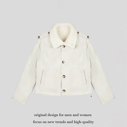 Damen Kurzgeschnittene Lammfell‑Optik Fliegerjacke mit Teddyfutter und Reverskragen Drune