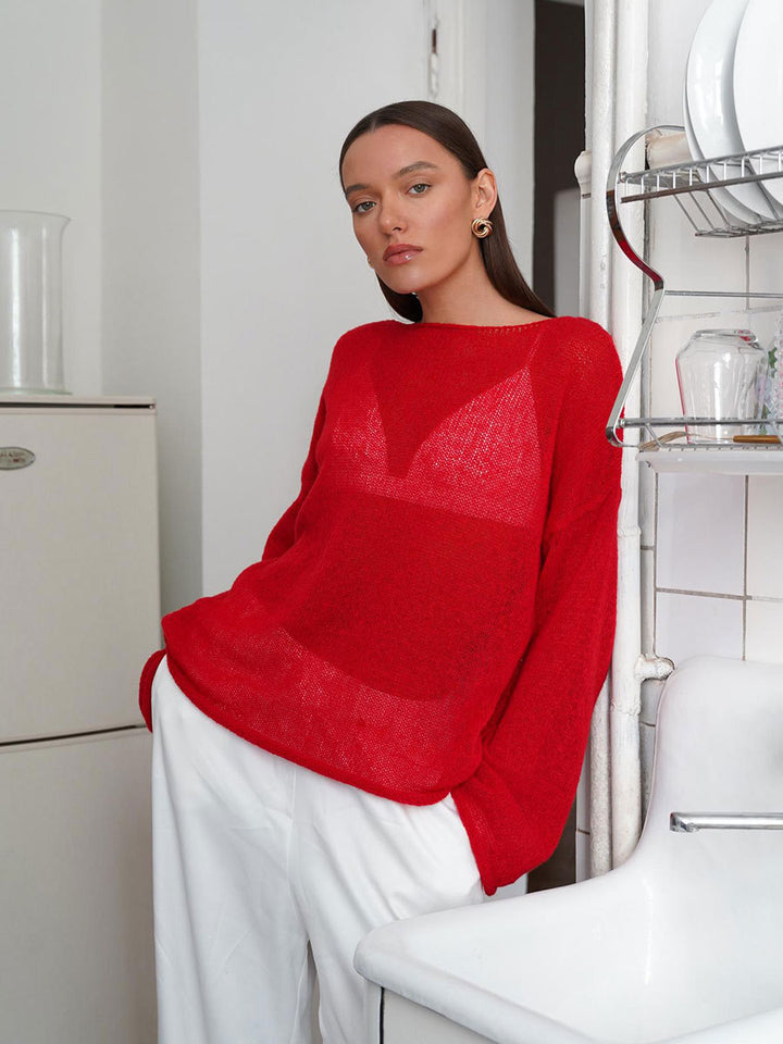 Damen luftiger Strickpullover mit weitem Schnitt und angeschnittenen Ärmeln Drune