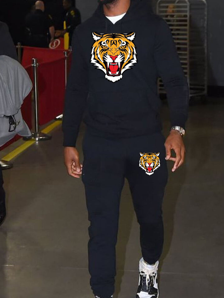 Herren Sportliches Hoodie und Jogginghose Set mit Tiger-Motiv Drune