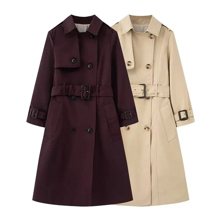 Damen nan taillierter Trenchcoat mit doppelreihiger Knopfleiste, Bindegürtel und Schulterpatten Drune