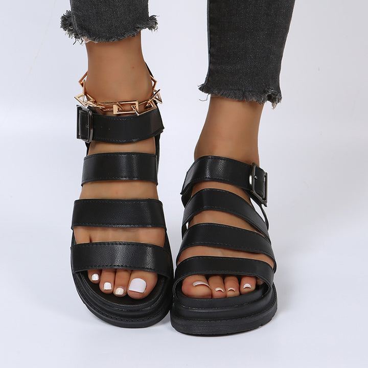 Damen  komfortable Gladiator‑Sandale mit extra gedämpftem Komfortfußbett, vier breiten Riemen und verstellbarer Metallschnalle Drune