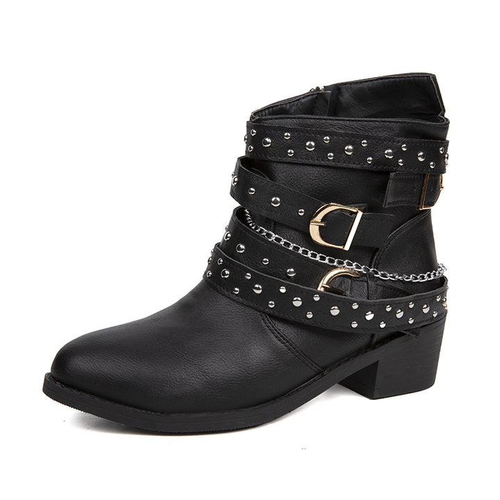 Damen Stiefeletten mit modischen Schnallen und dekorativen Nieten Drune