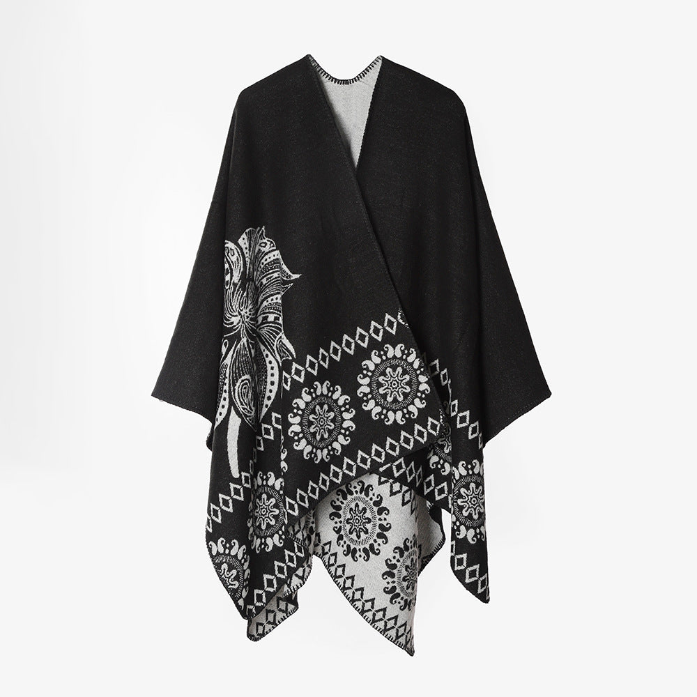 Damen Reversibler Muster-Capeponcho aus Wollmix mit floralen Medaillon-Details Drune