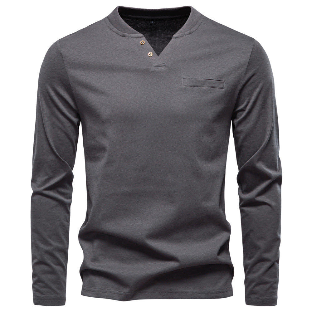 Herren nan tailliertes Langarmshirt im Henley-Stil mit kurzem V-Ausschnitt, Zierknöpfen und Brustleistentasche Drune