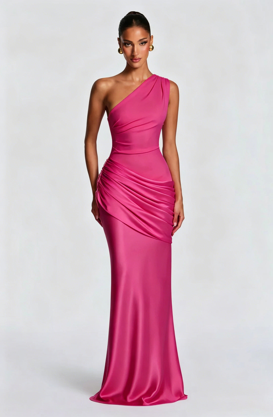 Damen Elegantes One-Shoulder Maxikleid mit fließenden Drapierungen Drune