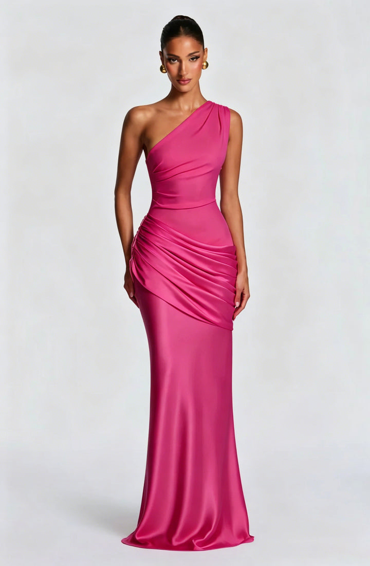 Damen Elegantes One-Shoulder Maxikleid mit fließenden Drapierungen Drune