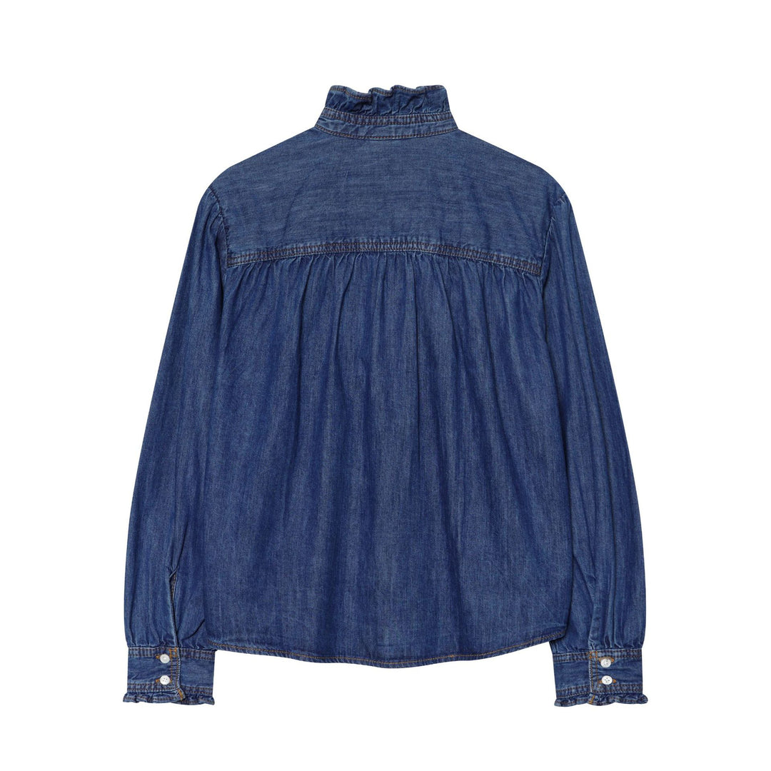 Damen Denimbluse mit Rüschenstehkragen, Ballonärmeln und geraffter Schulter Drune