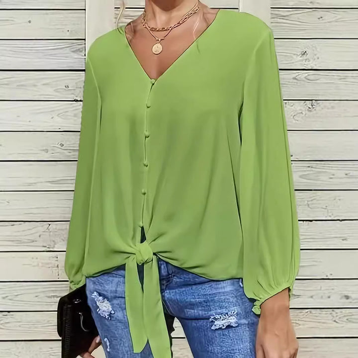 Damen elegante Bluse mit Knoten-Detail und V-Ausschnitt Drune