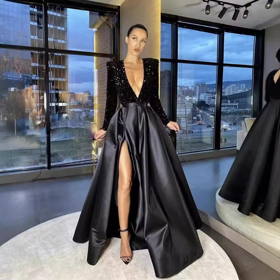 Damen Glamouröses Abendkleid mit tiefem V-Ausschnitt und glitzernden Akzenten Drune