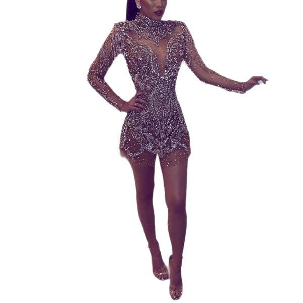 Damen Glamouröses Pailletten-Kleid mit transparenten Elementen und fransigen Akzenten Drune