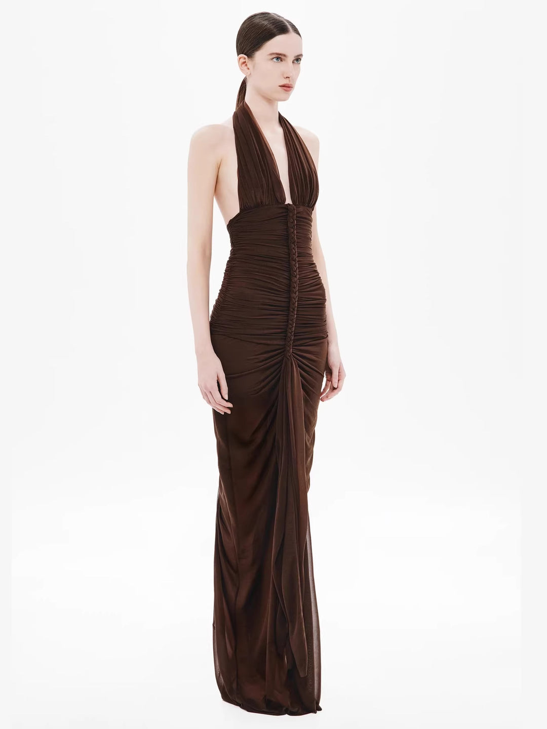 Damen Exquisites gerafftes Maxikleid mit tiefem V-Ausschnitt und eleganten Drapierungen Drune