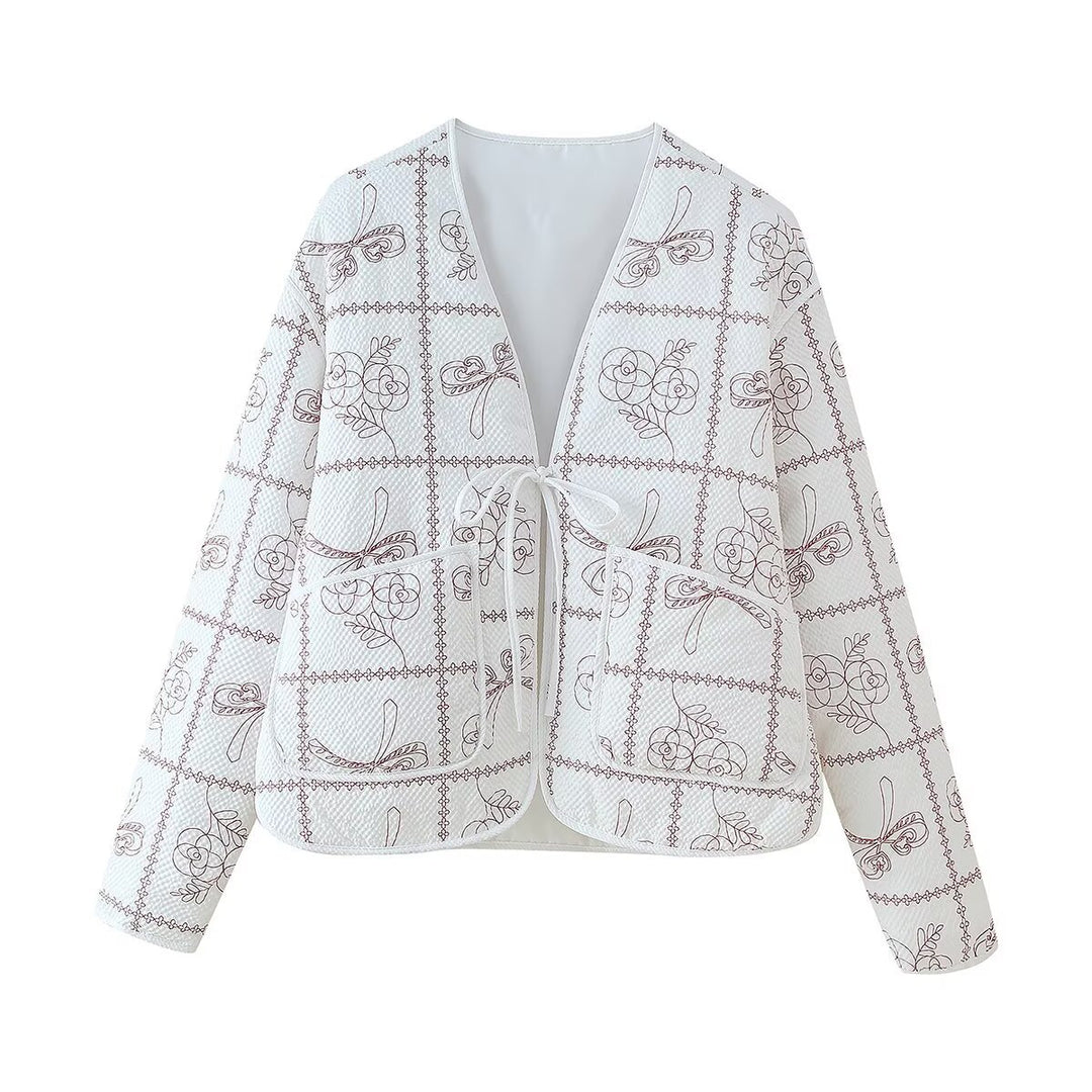 Damen gestepptes Blazer-Oberteil mit floralen Mustern Drune
